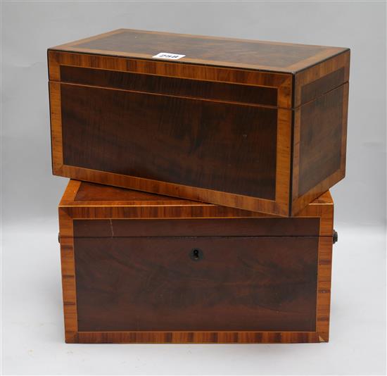 An inlaid tea caddy and another